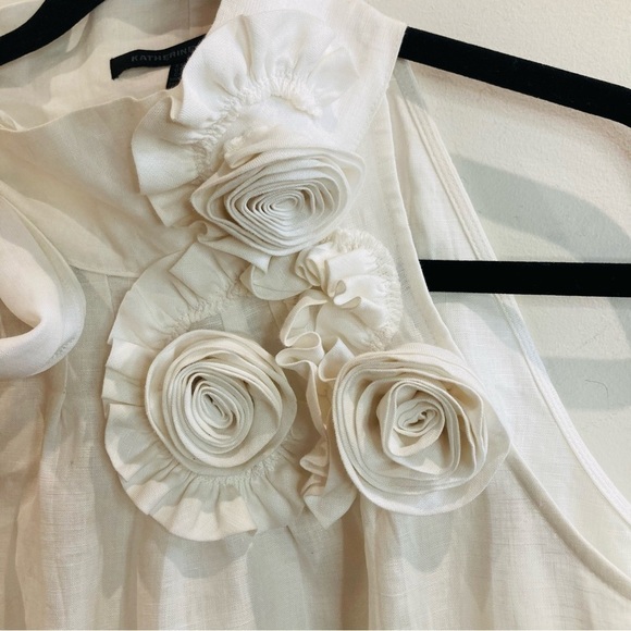 KATHERINE BARCLAY Sz S 100% Linen 3-D Flowers Shoulder Tie Zipper Closure Blouse - Picture 8 of 8